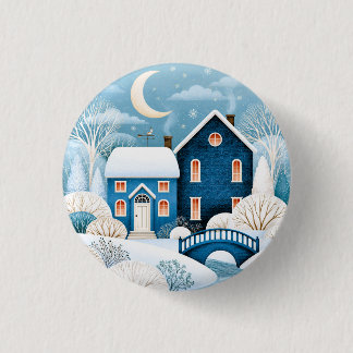 Cozy Moon Winter Village Snowy Cottage 1 Inch Round Button