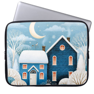 Cozy Moon Winter Village Snowy Cottage Laptop Sleeve