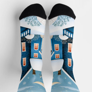Cozy Moon Winter Village Snowy Cottage Socks