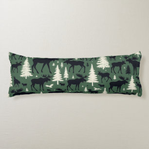 Cozy Moose and Pines Forest Green Body Pillow
