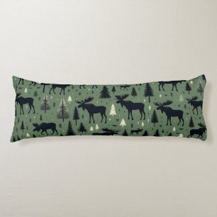 Cozy Moose and Pines Forest Green Body Pillow