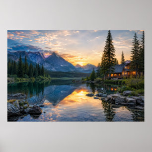 Cozy Mountain Cabin on Pristine Reflection Lake Poster