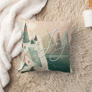 Cozy Mountain Village Holiday   Joy Christmas Throw Pillow