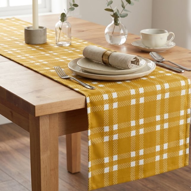 Cozy Mustard Yellow Gingham Plaid Tartan Short Table Runner (Creator Uploaded)