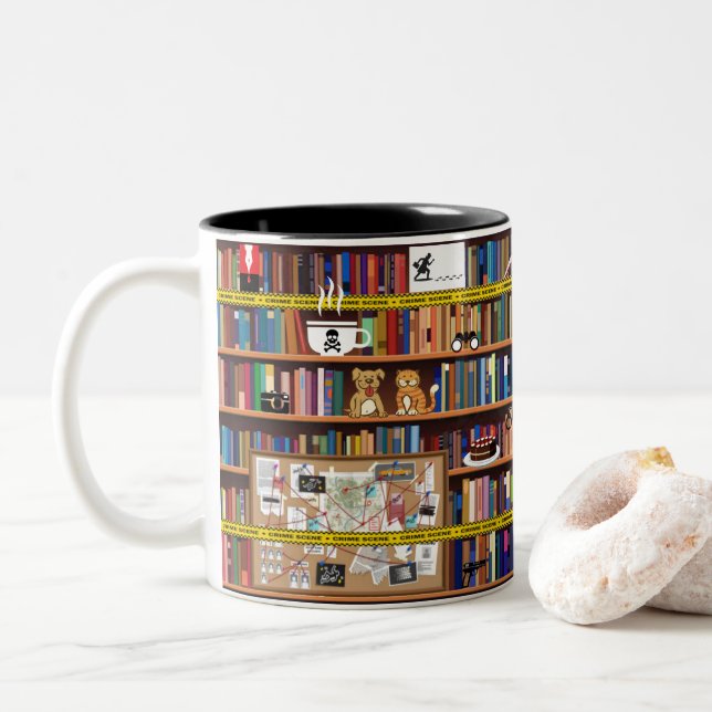 Cozy Mysteries Bookshelf Two-Tone Coffee Mug (With Donut)