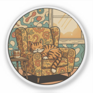 Cozy Napping Cat - Retro Floral Armchair Dream
