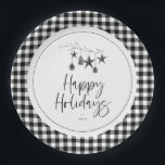 Cozy Nature Holiday Party Paper Plate<br><div class="desc">Modern simplistic cozy nature,  Holiday party paper plate. Watercolor branch adorned with pinecones and decorative star ornaments,  chic typography design with trendy plaid pattern border.</div>