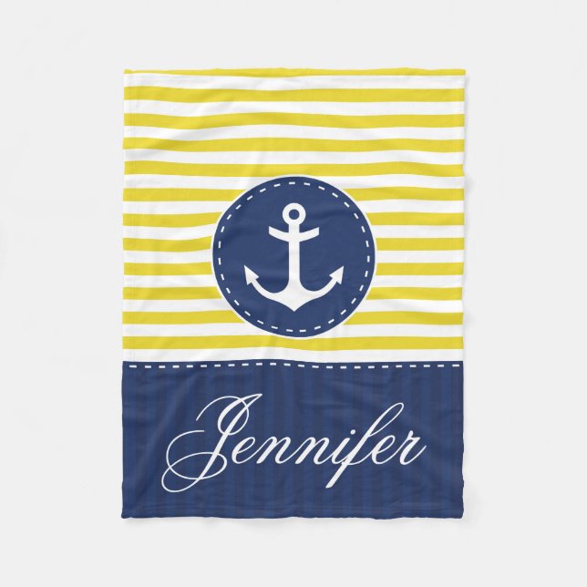 Cozy Nautical Yellow Blue Anchor Custom Text Fleece Blanket (Front)