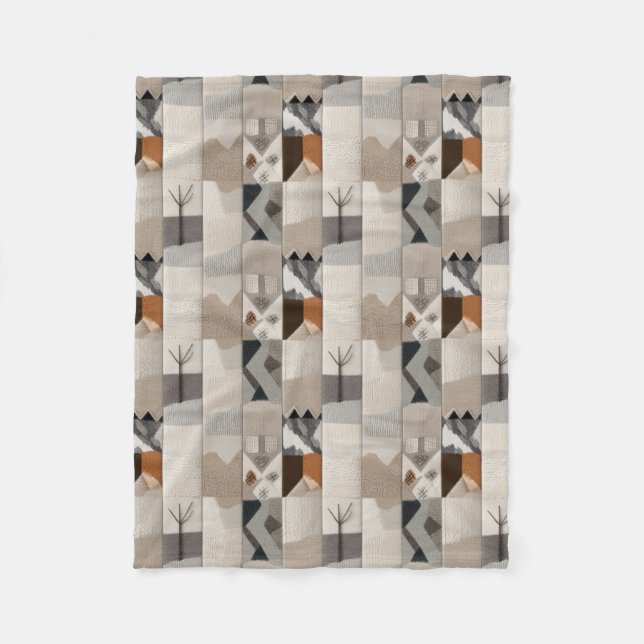 Cozy neutral patchwork pattern fleece blanket (Front)