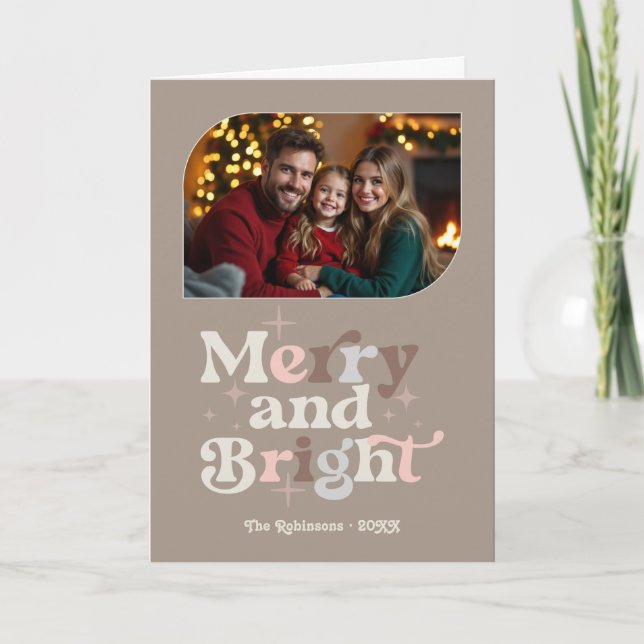 Cozy Neutrals Merry & Bright Retro Christmas Photo Holiday Card (Front)