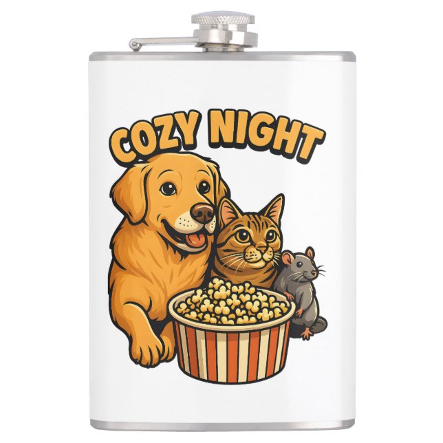 Cozy Night Movie Time – Cute Dog,Cat,Mouse Popcorn Hip Flask (Front)