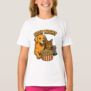 Cozy Night Movie Time – Cute Dog,Cat,Mouse Popcorn T-Shirt