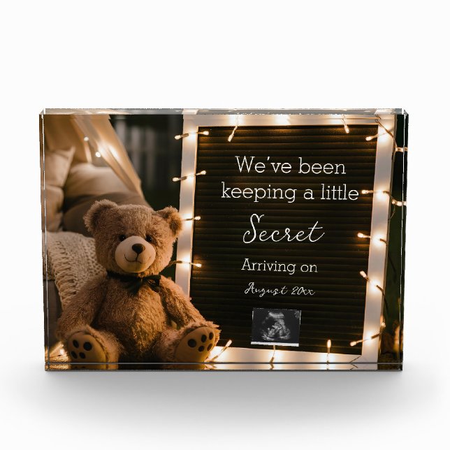 Cozy night with teddy bear pregnancy announcement photo block (Front)