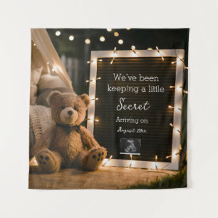 Cozy night with teddy bear pregnancy announcement tapestry