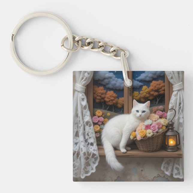 Cozy Nighttime Window Scene Keychain (Front)