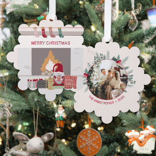 Cozy Nordic Gnome Fireplace Christmas Photo Ornament Card