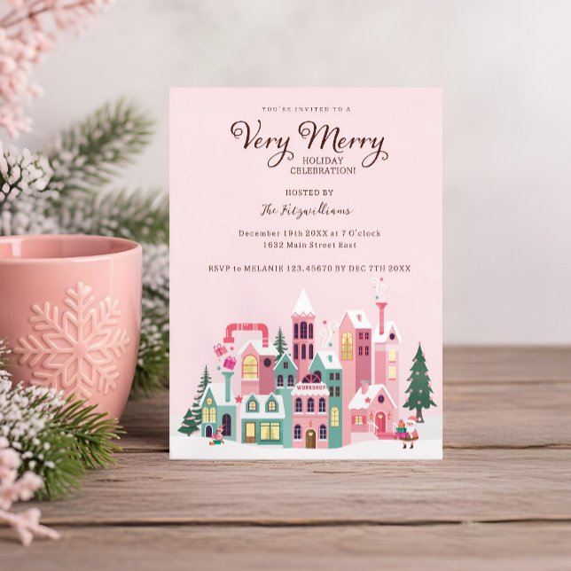 Cozy North Pole Pink Elf Workshop Christmas Party  Invitation (Cozy North Pole Pink Elf Workshop Christmas Party Invitation)