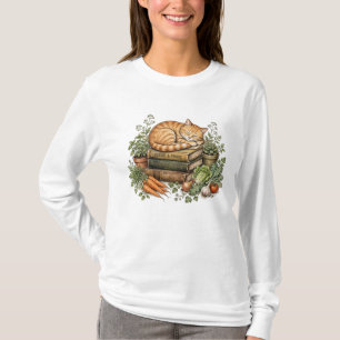 Cozy Orange Cat Sleeping on Books T-Shirt