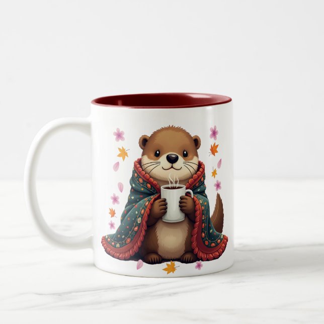 Cozy Otter - Otter in Blanket with Coffee & Autumn Two-Tone Coffee Mug (Left)