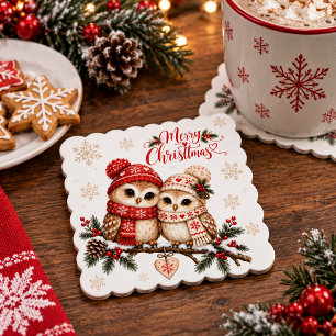 Cozy Owl Couple Scandinavian Christmas Party Paper Coaster