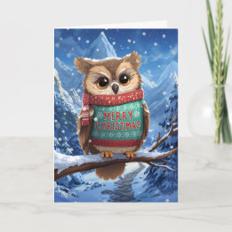 Cozy Owl in the Mountains Christmas Card