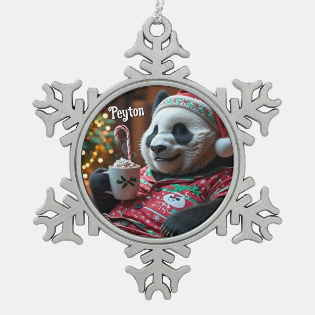 Cozy Panda in Christmas Pyjamas Personalized Snowflake Pewter Christmas Ornament (Front)