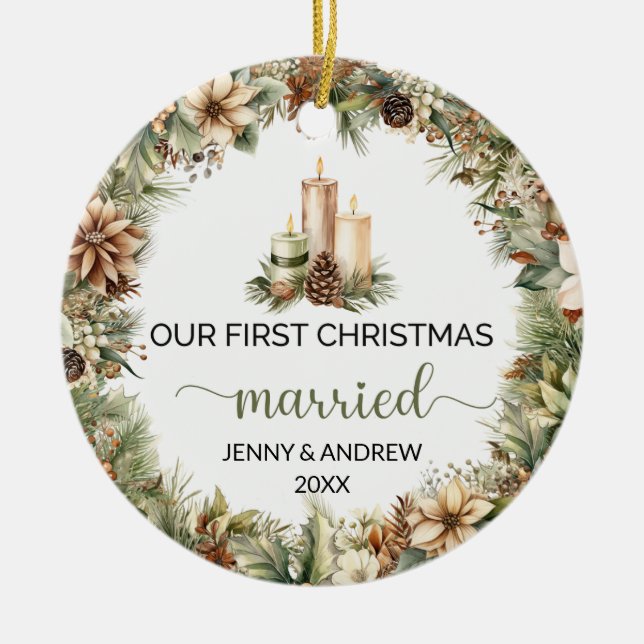 Cozy pastel green and beige Christmas candles Ceramic Ornament