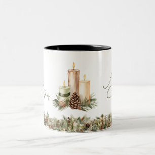 Cozy pastel green and ivory Christmas candles Two-Tone Coffee Mug