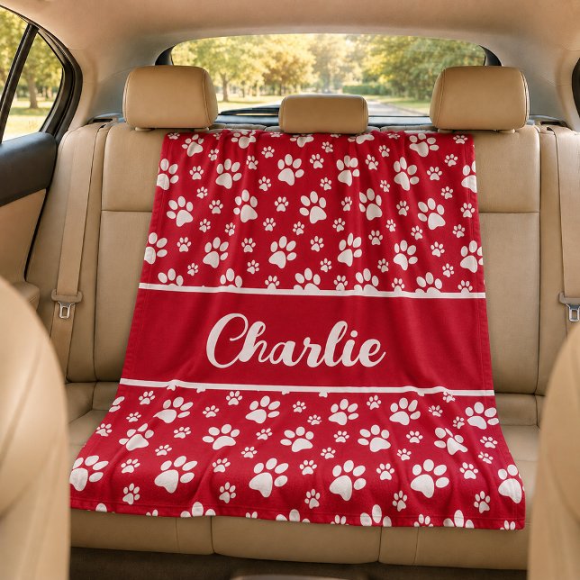 Cozy Paw Print Personalized Dog Blanket – Custom P (Red dog blanket personalied)
