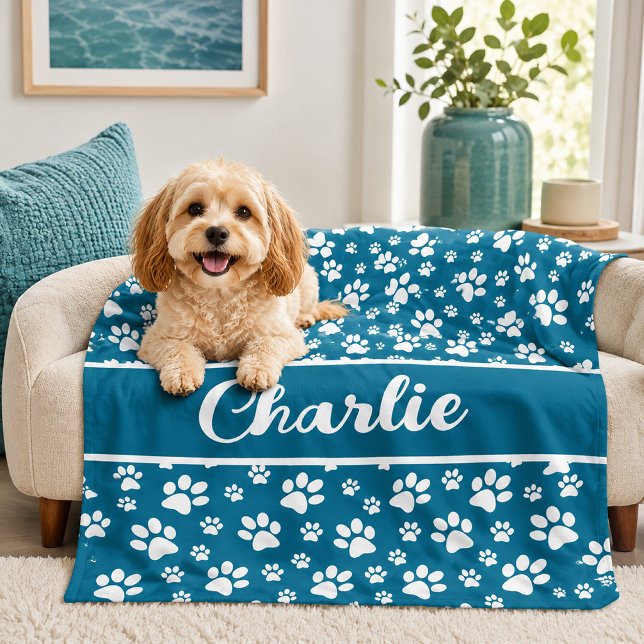 Cozy Paw Print Personalized Dog Blanket – Custom P (teal dog blanket personalized)