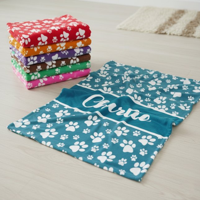 Cozy Paw Print Personalized Dog Blanket – Custom P (Colorful custom dog blankets - minky and cozy)