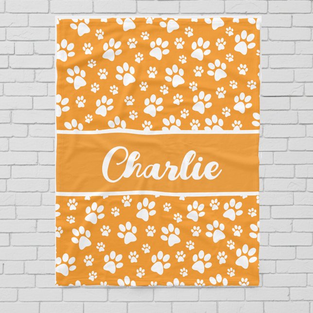 Cozy Paw Print Personalized Dog Blanket – Orange (Dog blanket - personalized with name and color - orange)