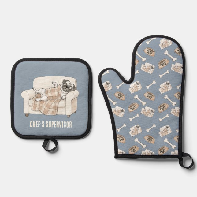 Cozy Paws Collection Silver Blue Oven Mitt & Pot Holder Set (Front)