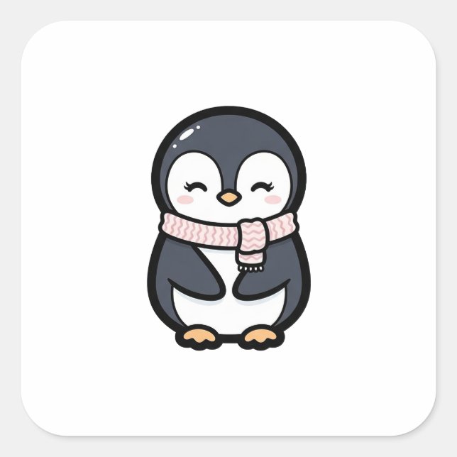 Cozy Penguin – Cute Kawaii Animal Illustration Square Sticker (Front)