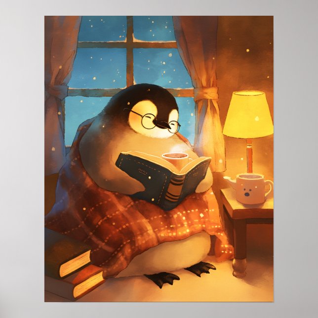 Cozy Penguin Reading Nursery Wall Art Print Poster (Front)