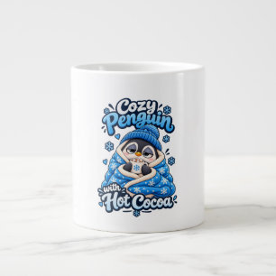 Cozy Penguin with Hot Cocoa – Cute Winter Snowflak Large Coffee Mug