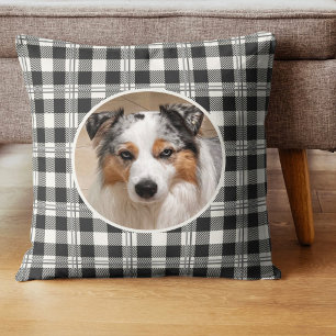 Cozy Pet Photo Dark Grey Buffalo Plaid Design Throw Pillow