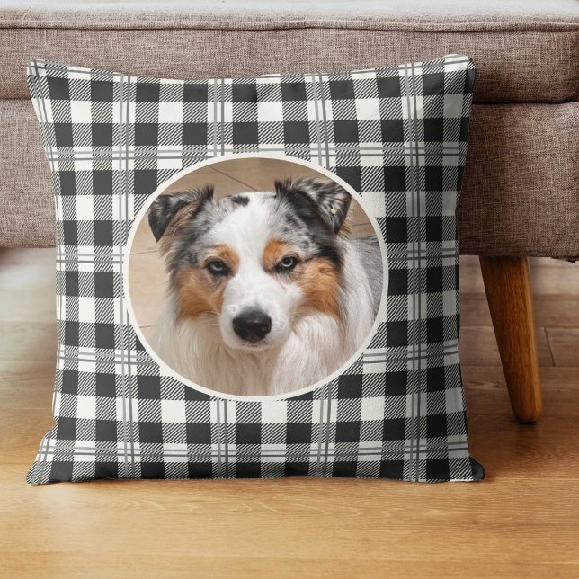 Cozy Pet Photo Dark Grey Buffalo Plaid Design Throw Pillow (Buffalo Plaid Dark Gray and Buttercream Photo Throw Pillow)