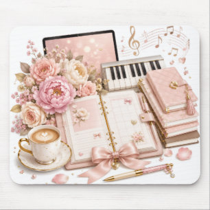 Cozy Piano Planner Coffee Floral Mouse Pad