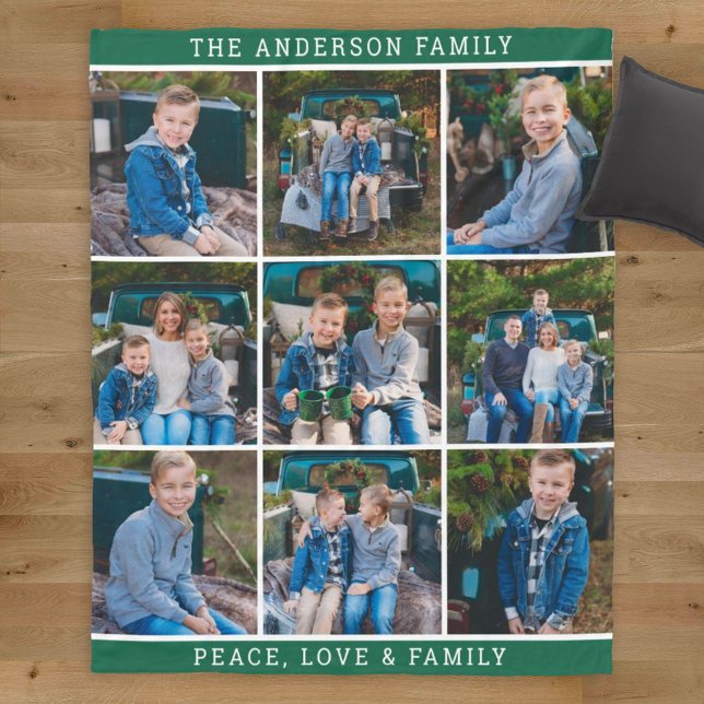 Cozy Pine Green Personalized Family Photo Collage Fleece Blanket (Creator Uploaded)