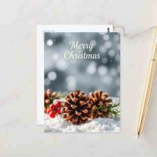 Cozy Pinecone and Snow Merry Christmas Postcard