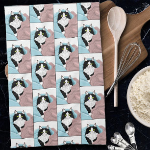 Cozy Pink Blue Whimsical Tuxedo Cat Blankets Kitchen Towel