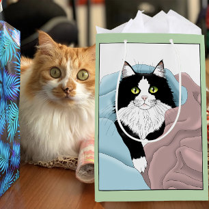 Cozy Pink Blue Whimsical Tuxedo Cat Blankets Medium Gift Bag
