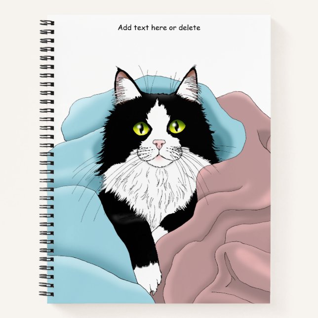 Cozy Pink Blue Whimsical Tuxedo Cat Blankets Notebook (Front)