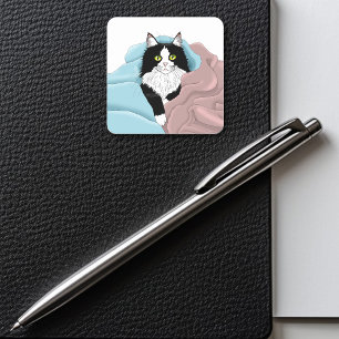 Cozy Pink Blue Whimsical Tuxedo Cat Blankets Square Sticker