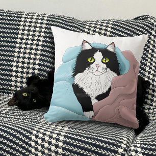 Cozy Pink Blue Whimsical Tuxedo Cat Blankets Throw Pillow