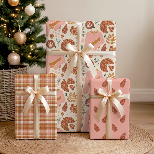 Cozy Pink & Brown Pinecones Plaid Holiday Sweater Wrapping Paper Sheet (Creator Uploaded)