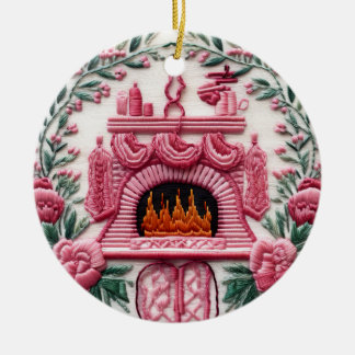 Cozy Pink Christmas Fireplace Ceramic Ornament