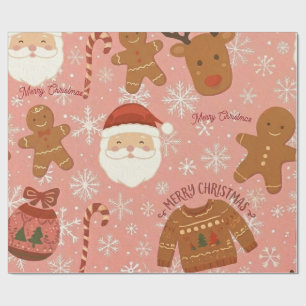 Cozy Pink Christmas Gingerbread & Reindeer Gift  Wrapping Paper
