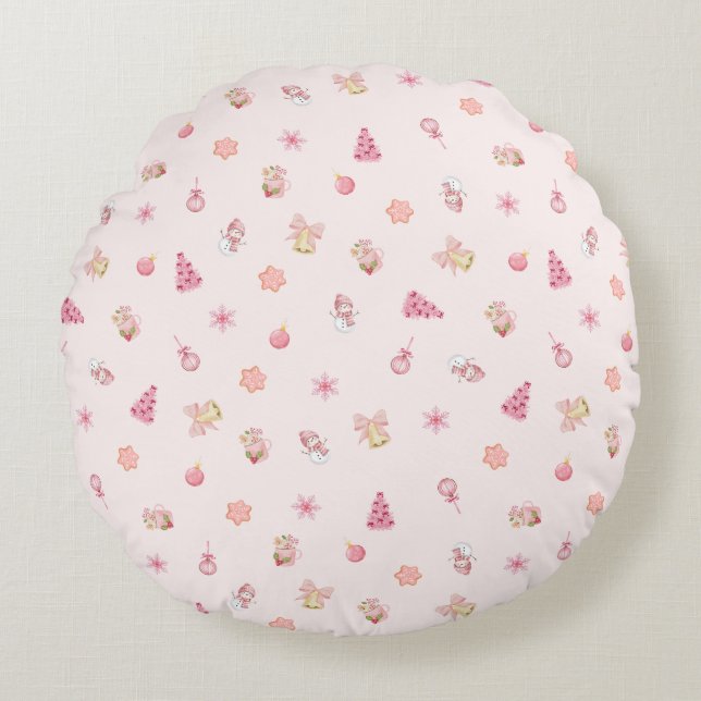 Cozy Pink Christmas Pattern Round Pillow (Front)